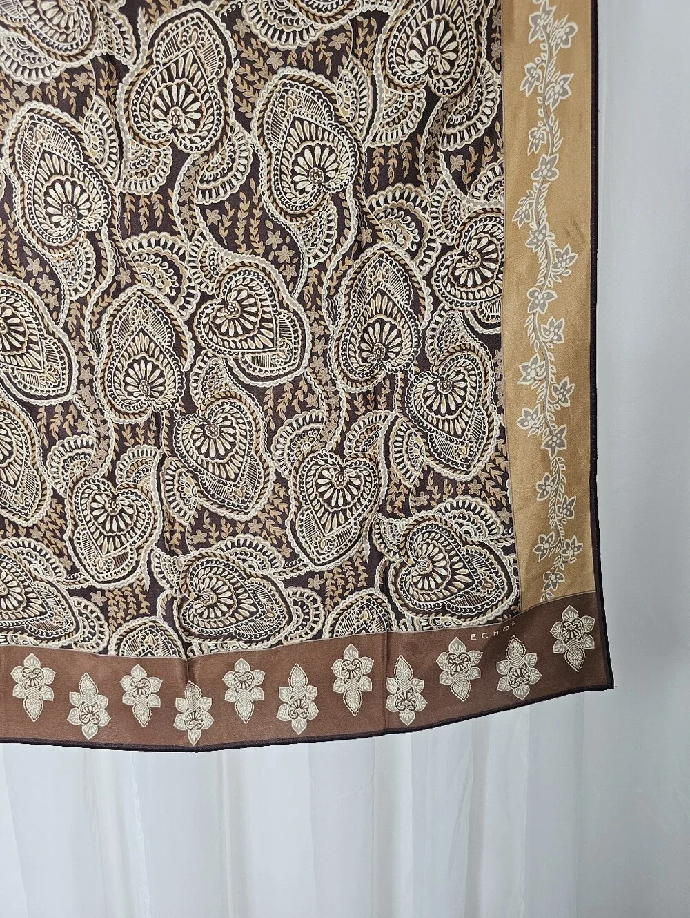 Echo 100% Silk Square Scarf Brown Tan Floral Paisley Boho Neck Hair Bag